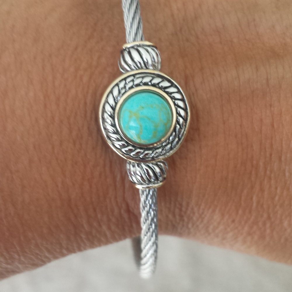 Rhodium Plated Bracelet,Round CZ TURQUOISE - Picture 2 of 5